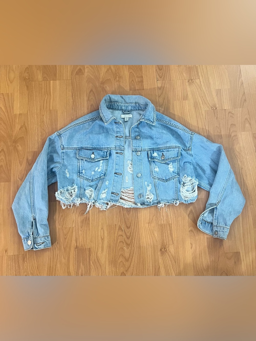 Topshop Light Blue Distressed Cropped Denim Jacket